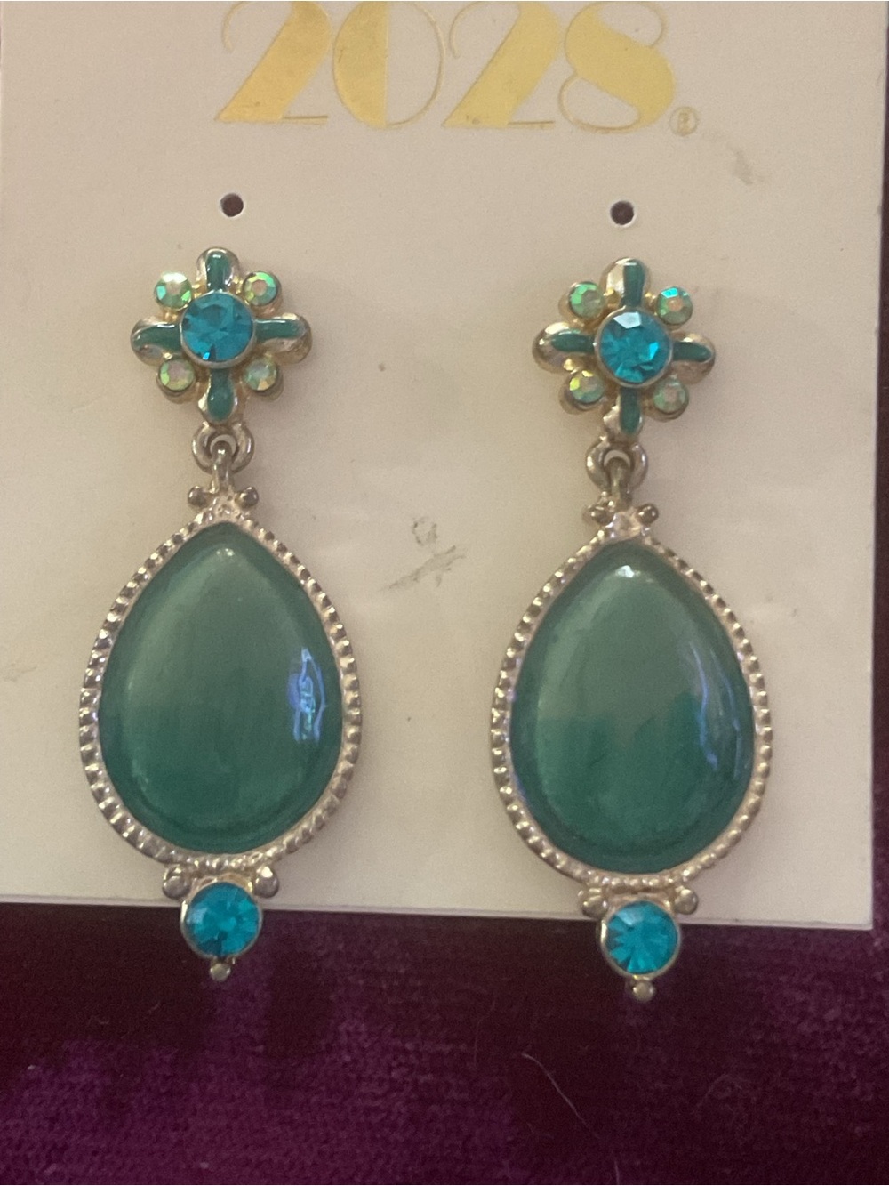 2028 Green Gemstone Teardrop Dangle Earrings with Blue Crystal Accents